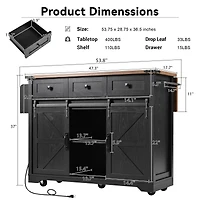 Casainc 53.7" Rolling Kitchen Cart with Barn Doors, Drop Leaf, Power Outlet and Spice Rack (No Stools)