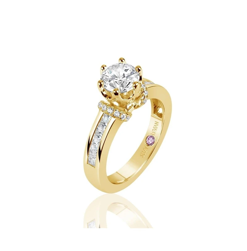 Suzy Levian Golden Sterling Silver Round Cut Cubic Zirconia Crown Setting Ring with Channel Set Band