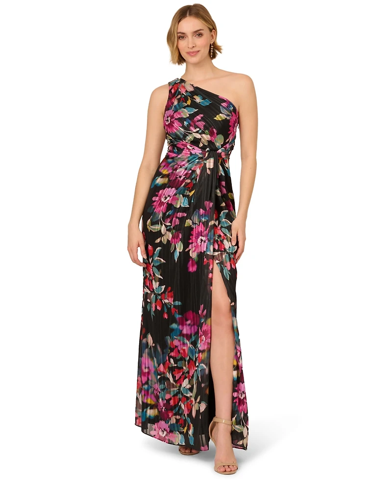 Adrianna Papell Women's Floral Chiffon One-Shoulder Long Dress