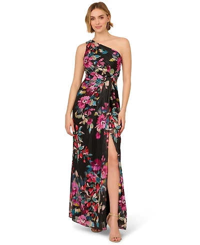 Adrianna Papell Women's Floral Chiffon One-Shoulder Long Dress