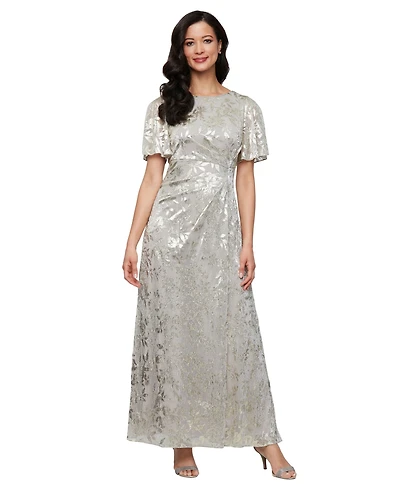 Sl Fashions Petite Short-Sleeve Metallic A-Line Gown