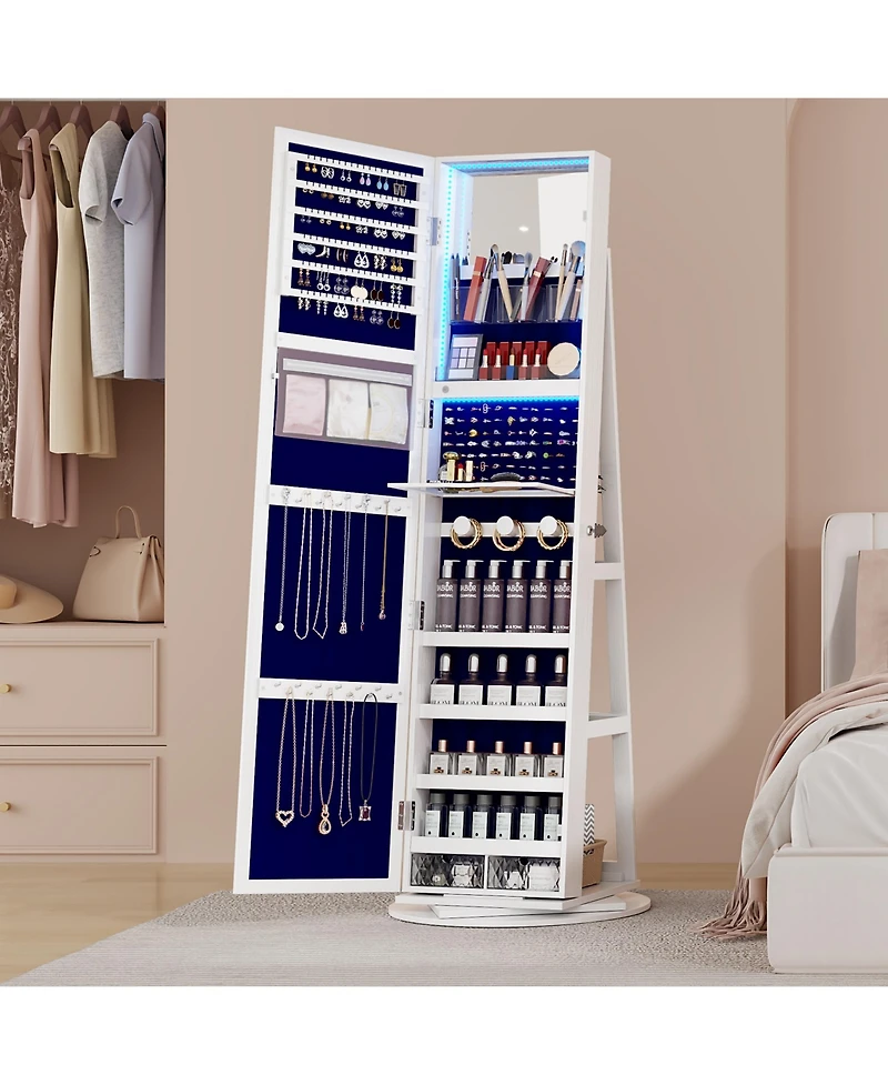 Vlsrka Led jewelry storage cabinet with back storage shelves and 360° rotation.