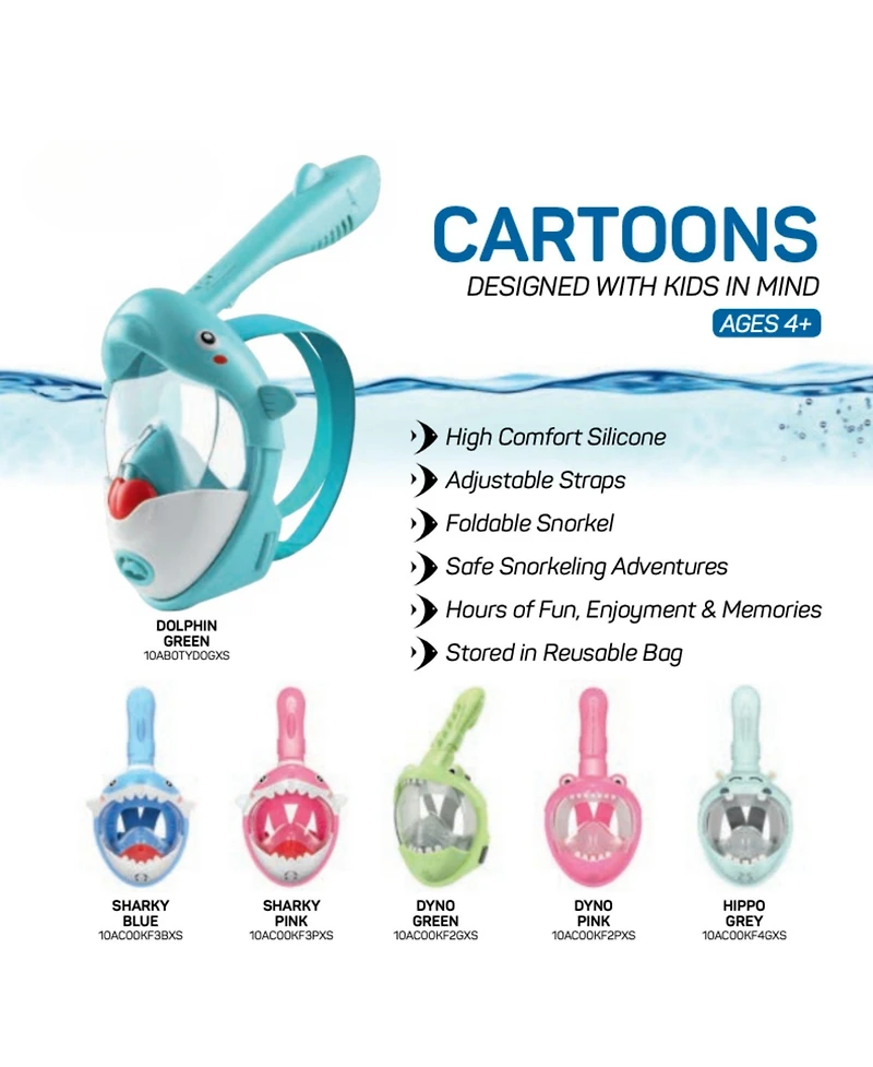 Sharky Blue Full Face Snorkel Mask – Anti-Fog, Safe Waterproof Underwater Snorkeling for Kids & Teenagers