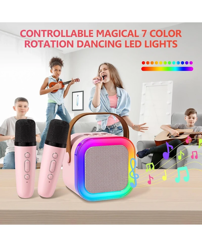 Zealsound Mini Karaoke Machine for Kids, Portable Bluetooth Speaker with 2 Wireless Mics, Led Lights, Gift for Girls & Boys, Ages 3-12+ (Pink)
