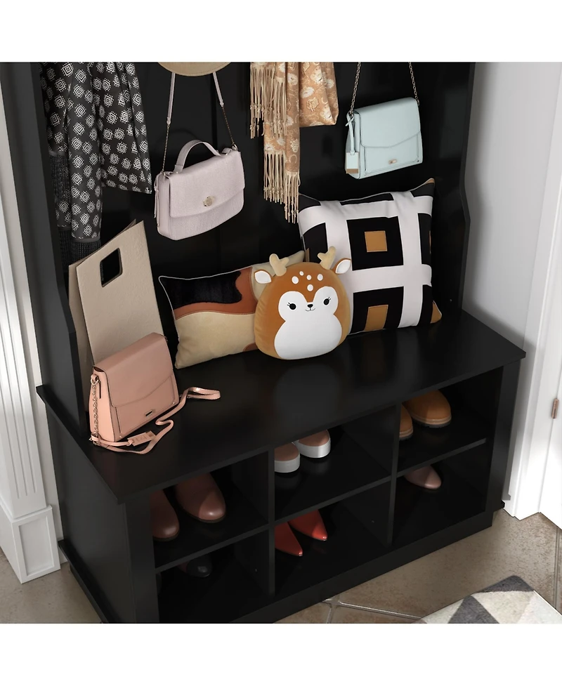 Grey multifunctional entrance coat rack, hall tree, with seats and hooks