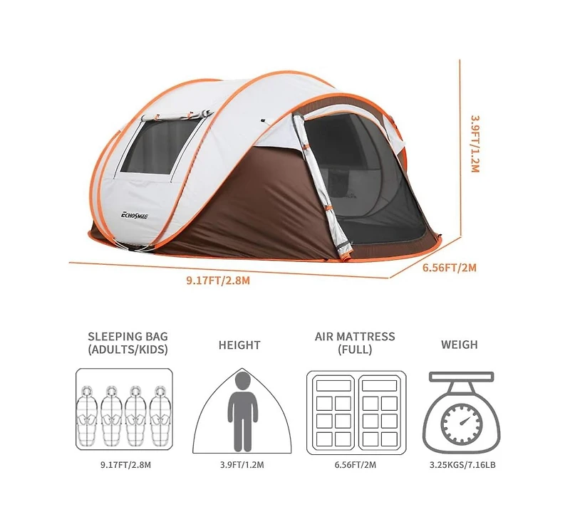 EchoSmile Camping Instant Tent, 4 Person Pop Up Water Resistant, for Hiking and Outdoor, Portable Tent with Carry Bag, 3 Seasons