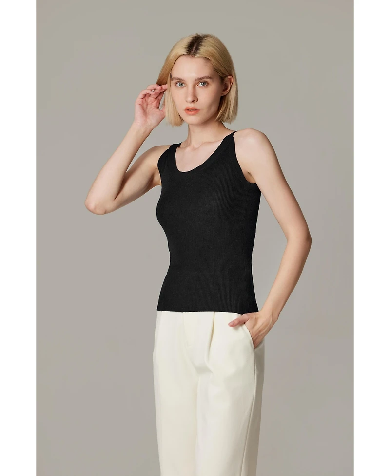 Jennie Liu Women's Scoop Neck Tank Top | 75% Merino Wool 25% Silk Ultra-Soft Layering Essential Natrual Moisture Wicking Sweater