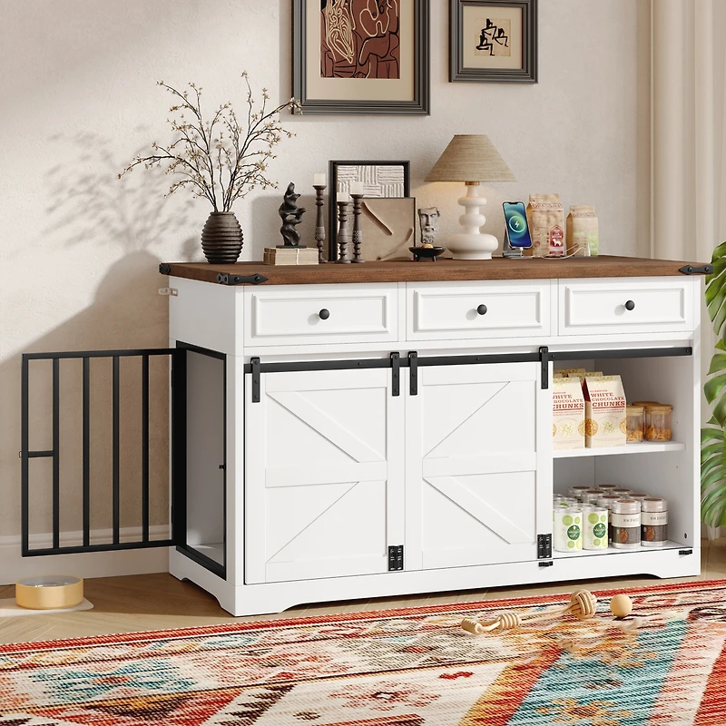 Casainc 55.1" Dog Crate Kennel with 3 Storage Drawers and Sliding Barn Door