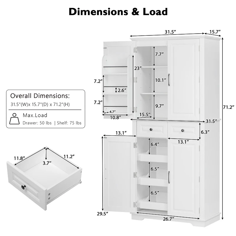 Casainc 71" Kitchen Pantry Cabinet with Pull-Out Organizers, 6 Door Shelves & Drawers