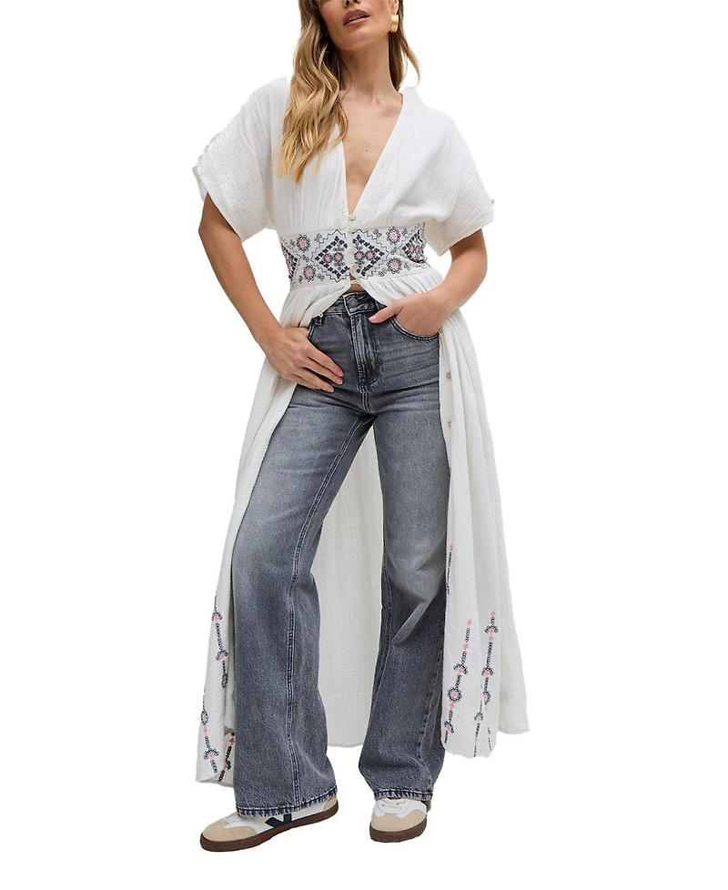 Raffya Women's Sally Ann Button Down Embroidery Maxi Dress