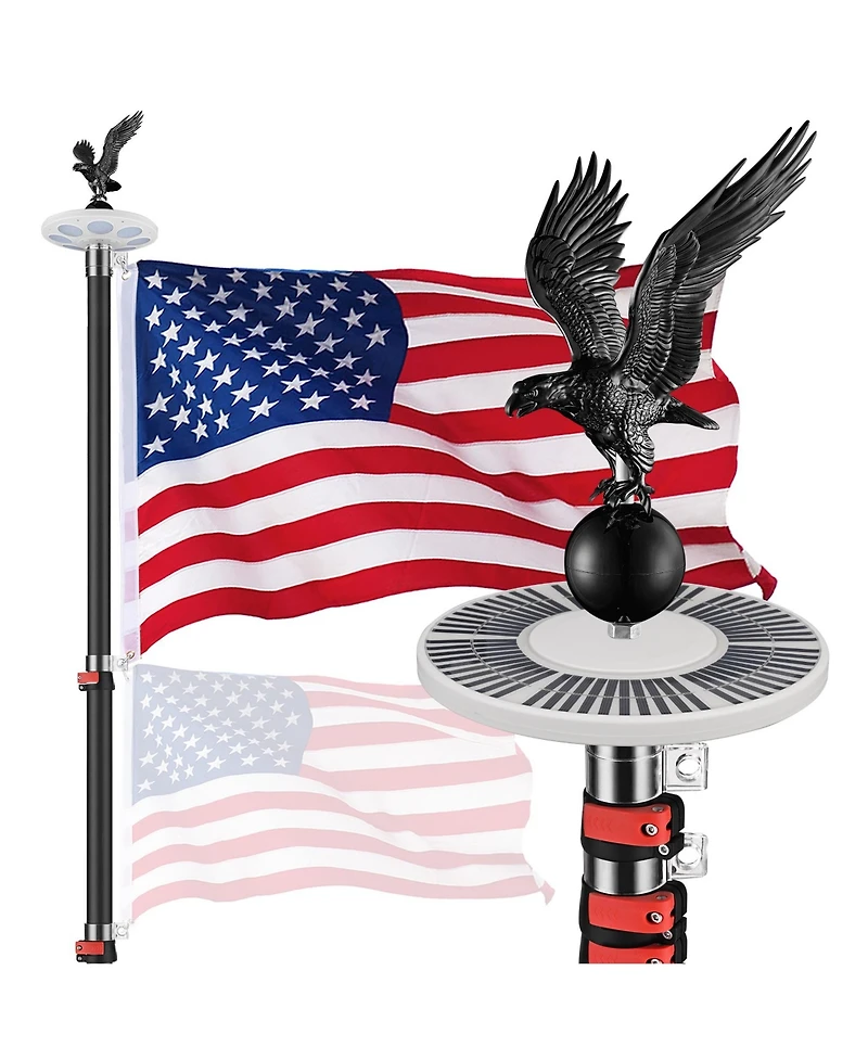 Yescom Ez Go 25ft Eagle Topper Telescopic Flag Pole Kit Solar Light Outside 3x5' Us Flag Ball Top, Black