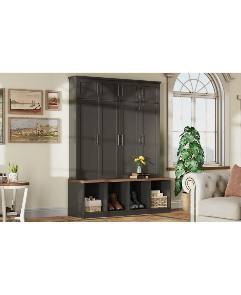 Streamdale Furniture Farmhouse Hall Tree Bench with Hidden Hooks & Shoe Cabinet