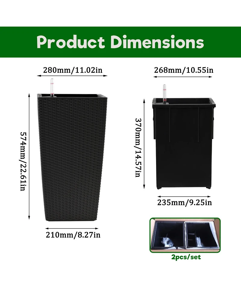 Streamdale Furniture 22" Faux Rattan Square Planter w/ Self-Watering (2-Pack Black)