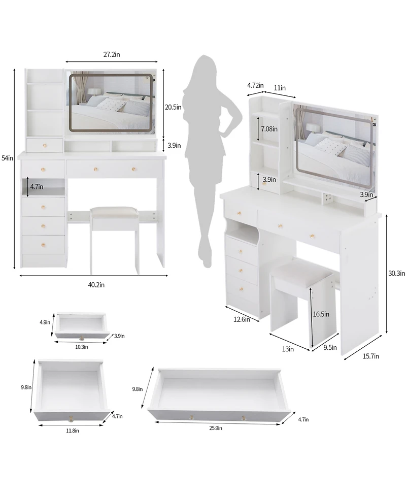 Streamdale Furniture 41" Led Vanity Table with Stool & Large Storage