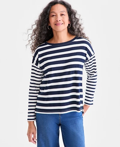Style & Co Women's Long Sleeve Button-Trim Striped Knit Top, Macy's Exclusive