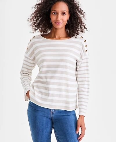 Style & Co Women's Long Sleeve Button-Trim Striped Knit Top, Macy's Exclusive