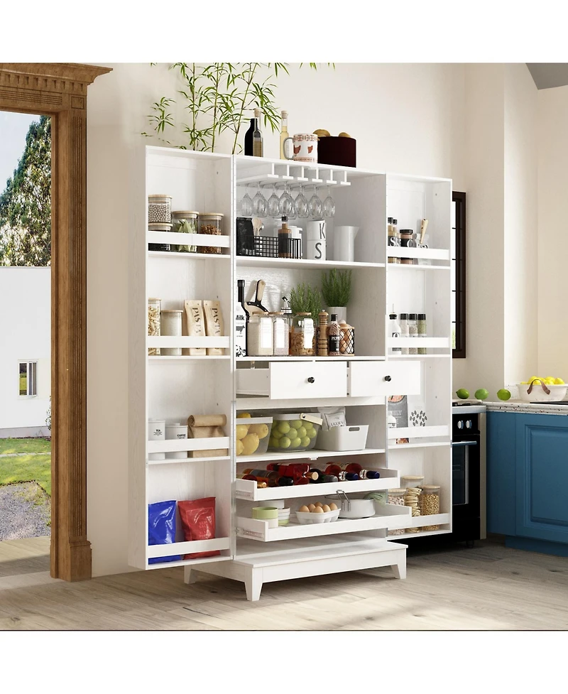 White 2-door 68.9-inch high multifunctional cabinet, storage cabinet, Pantry (including wine drawer/wine glass holder)