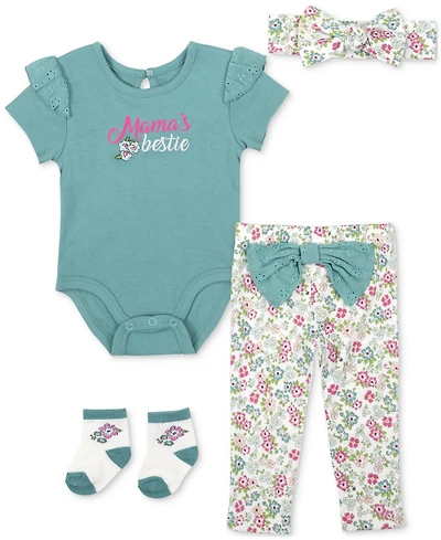 Baby Essentials Girls Mama's Bestie Bodysuit, Headband, Pants & Socks, 4 Piece Set