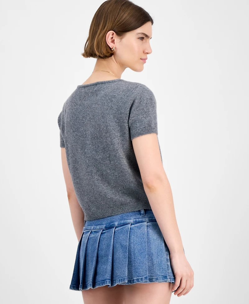 Hippie Rose Juniors' Short-Sleeve Faux-Pearl Cardigan