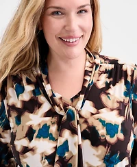 Anne Klein Plus Size Printed Tie-Neck Long-Sleeve Blouse