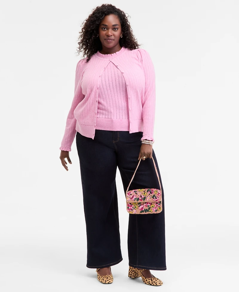 On 34th Trendy Plus Puff-Shoulder Pointelle Cardigan, Macy's Exclusive