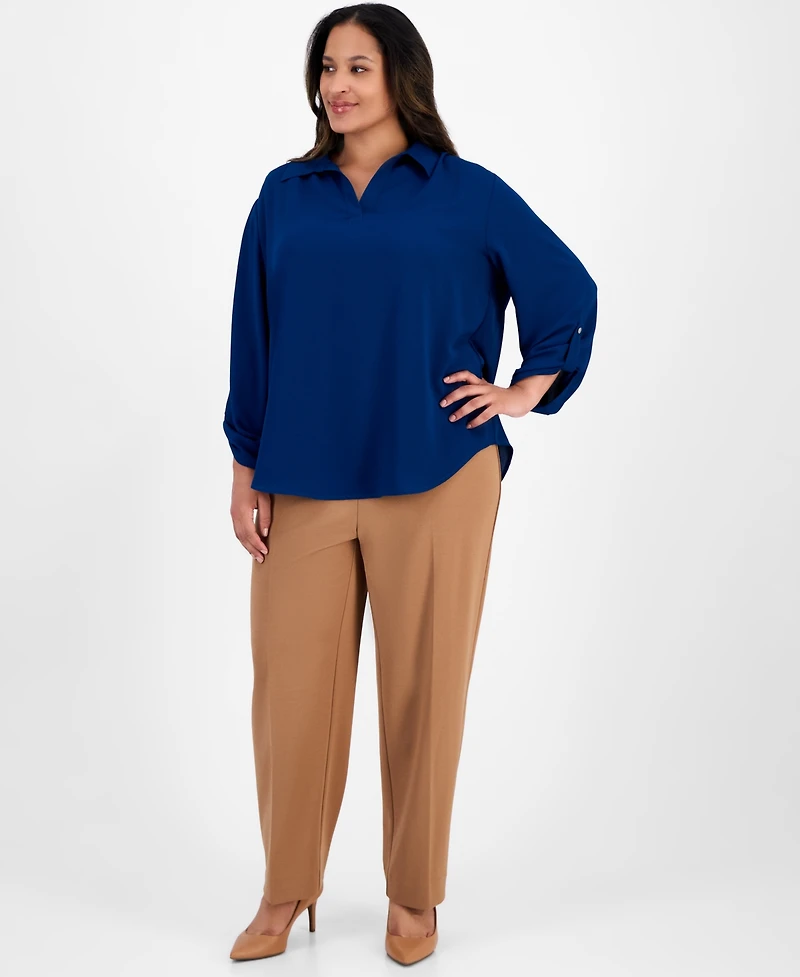 Ak Anne Klein Plus Collared V-Neck Roll-Tab-Sleeves