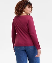 On 34th Trendy Plus Size Button-Cuff Boatneck Top, Macy's Exclusive
