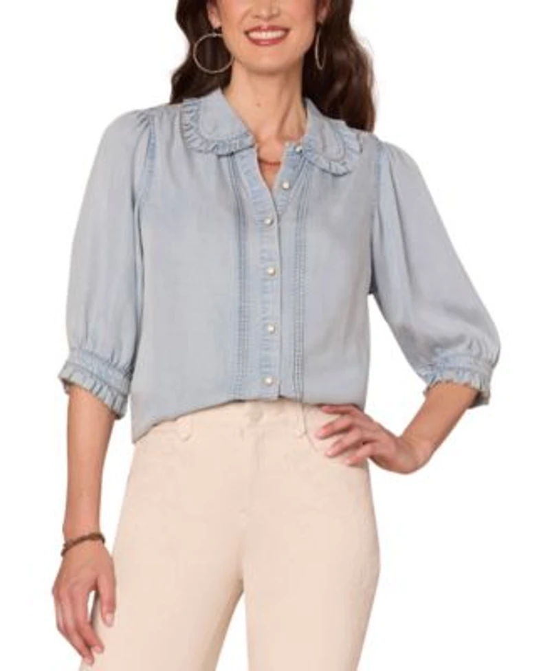 Democracy Womens Ruffle Trim Collar Button Front Top Ps Xl