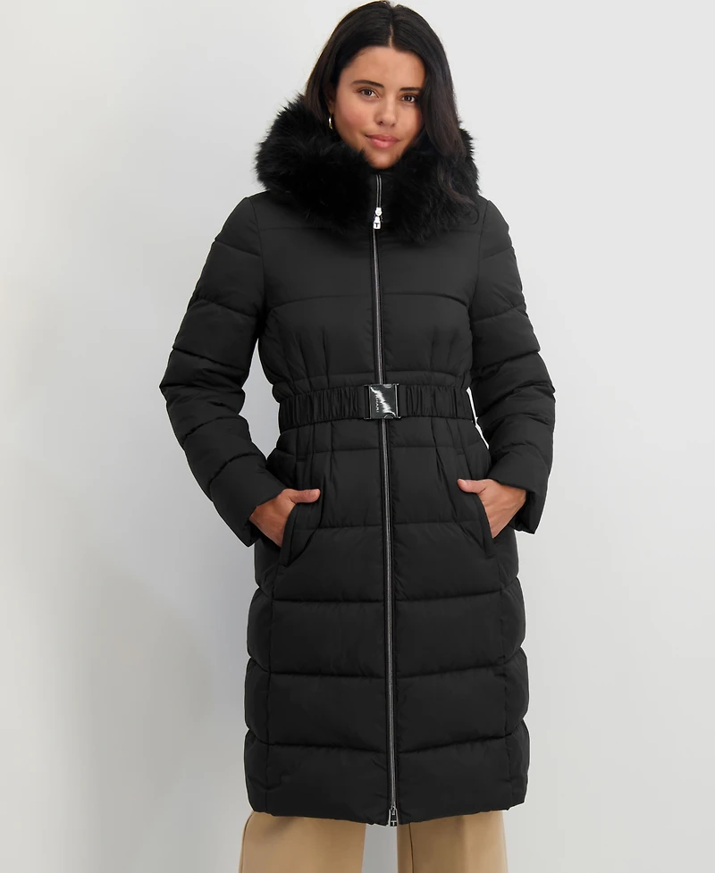 Tahari Women's Faux-Fur-Trim Hooded Belted Puffer Coat