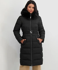 Tahari Women's Faux-Fur-Trim Hooded Belted Puffer Coat