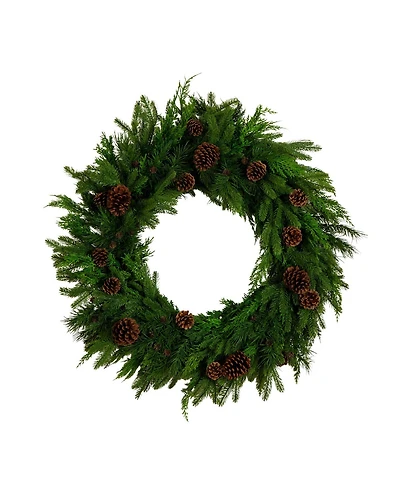 Nearly Natural 30" Artificial Norfolk Pine Wreath with Pinecones