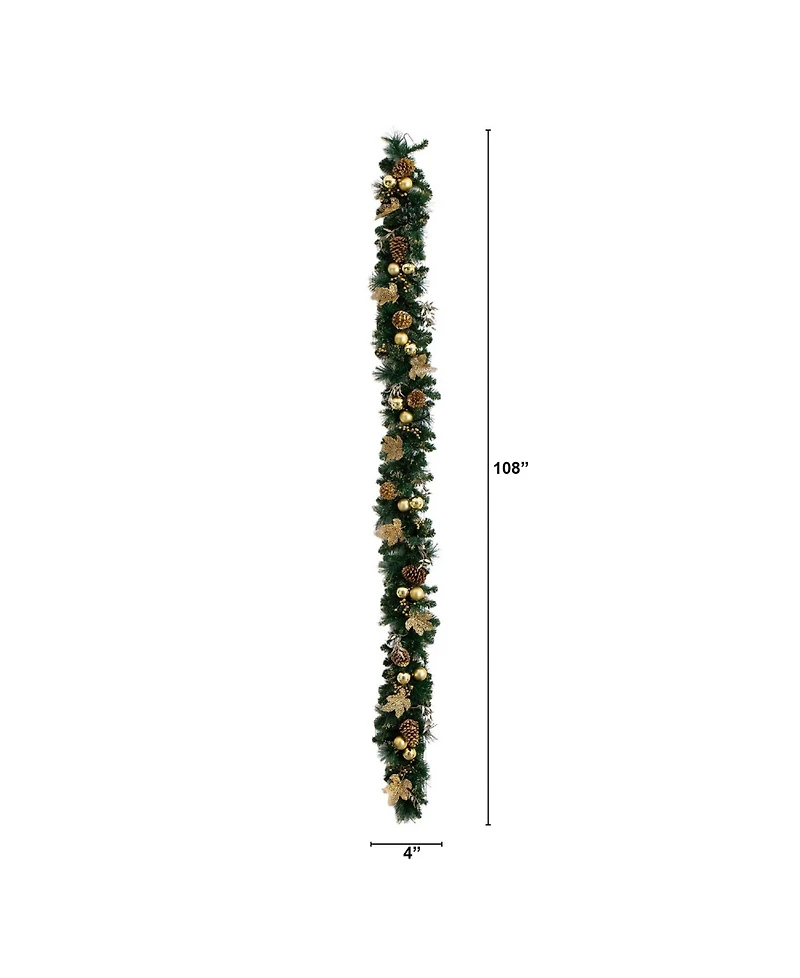 Nearly Natural 9" Pre-Lit Artificial Golden Frosted Christmas Garland Led Lights Pinecones and Ornaments