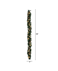 Nearly Natural 9" Pre-Lit Artificial Golden Frosted Christmas Garland Led Lights Pinecones and Ornaments