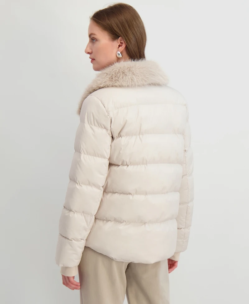 Tahari Women's Faux-Fur-Collar Hooded Puffer Coat