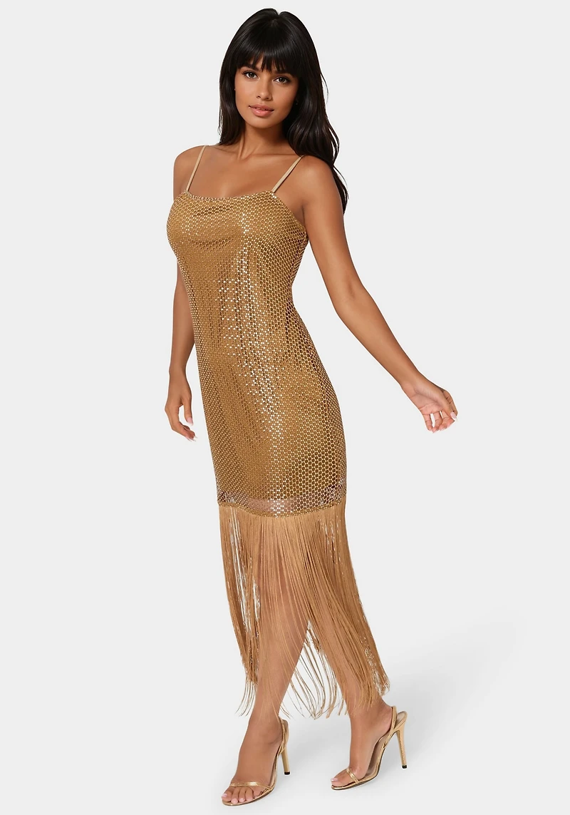 Bebe Women's Sequin Crochet Fringe Dress