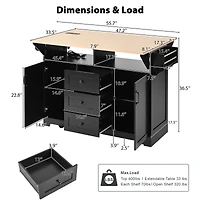Casainc 55.7" Large Kitchen Island with 2 Drop Leafs, Rolling Cart, Power Outlet, Folding Dining Table, Spice Rack, No Stools