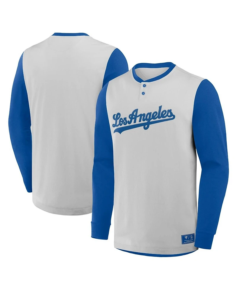Fanatics Men's Gray/Royal Los Angeles Dodgers Clubhouse Long Sleeve Henley Shirt