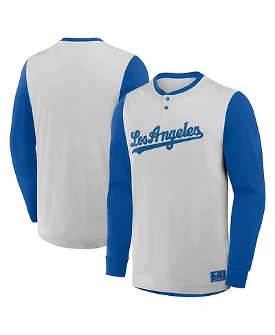 Fanatics Men's Gray/Royal Los Angeles Dodgers Clubhouse Long Sleeve Henley Shirt