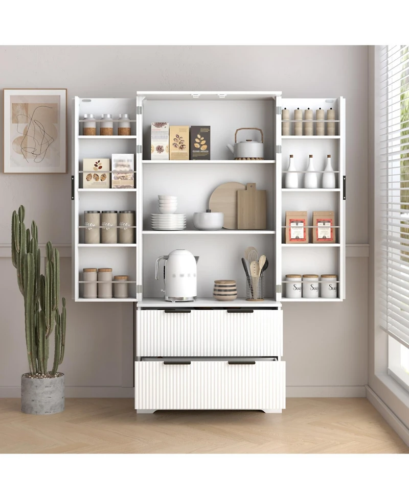Streamdale Furniture 72" Fluted Pantry Cabinet w/ Drawers & Spice Rack - White