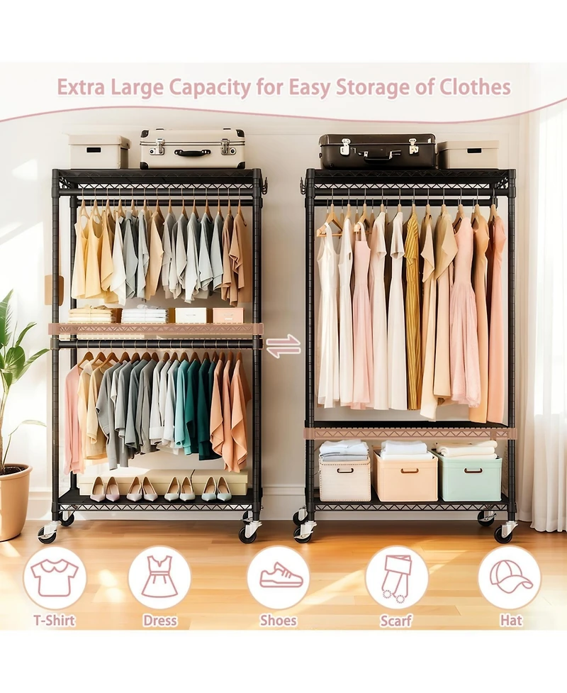 Streamdale Furniture Heavy Duty Rolling Clothes Rack with Shelves & Hooks