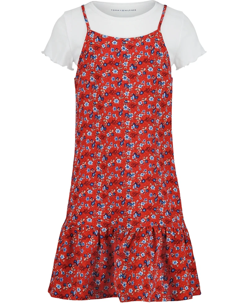 Tommy Hilfiger Big Girls 2-Piece Crewneck T-Shirt and Ditsy Print Dress Set