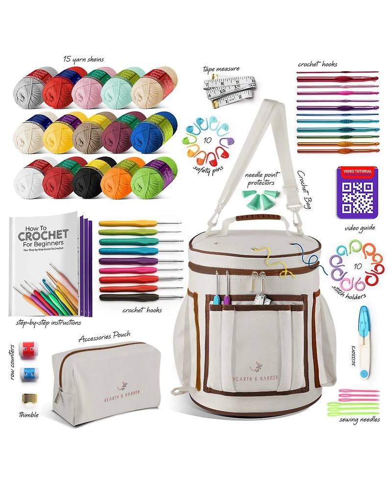 Hearth & Harbor Crochet Starter Kit for Beginners Adults & Kids with Video Tutorials - Amigurumi & Crocheting Kit - with Yarn & Crochet Bag
