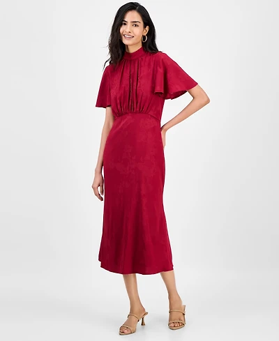 julia jordan Women's High-Neck Flounce-Sleeve Midi Dress