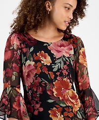 Connected Petite Floral-Print Bell Flare-Sleeve Dress