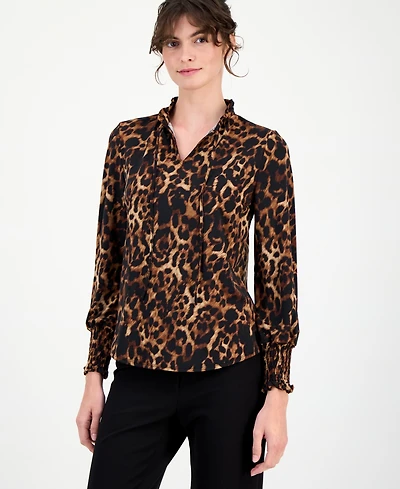 Anne Klein Petite Ruffled-Neck Smocked-Cuff Top