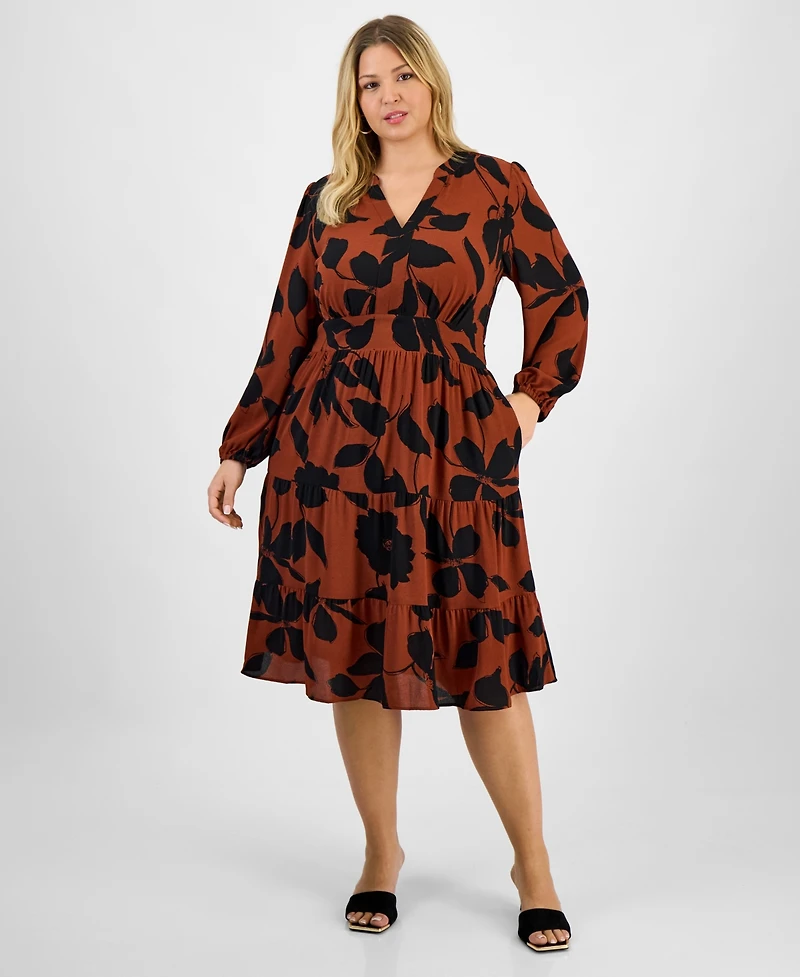 Robbie Bee Plus Printed Tie-Waist Tiered Long-Sleeve Dress
