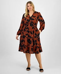 Robbie Bee Plus Printed Tie-Waist Tiered Long-Sleeve Dress