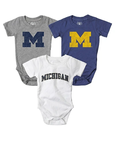 Wes & Willy Baby Boys and Girls 3-Pack Navy/White/Heather Gray Michigan Wolverines Bodysuit