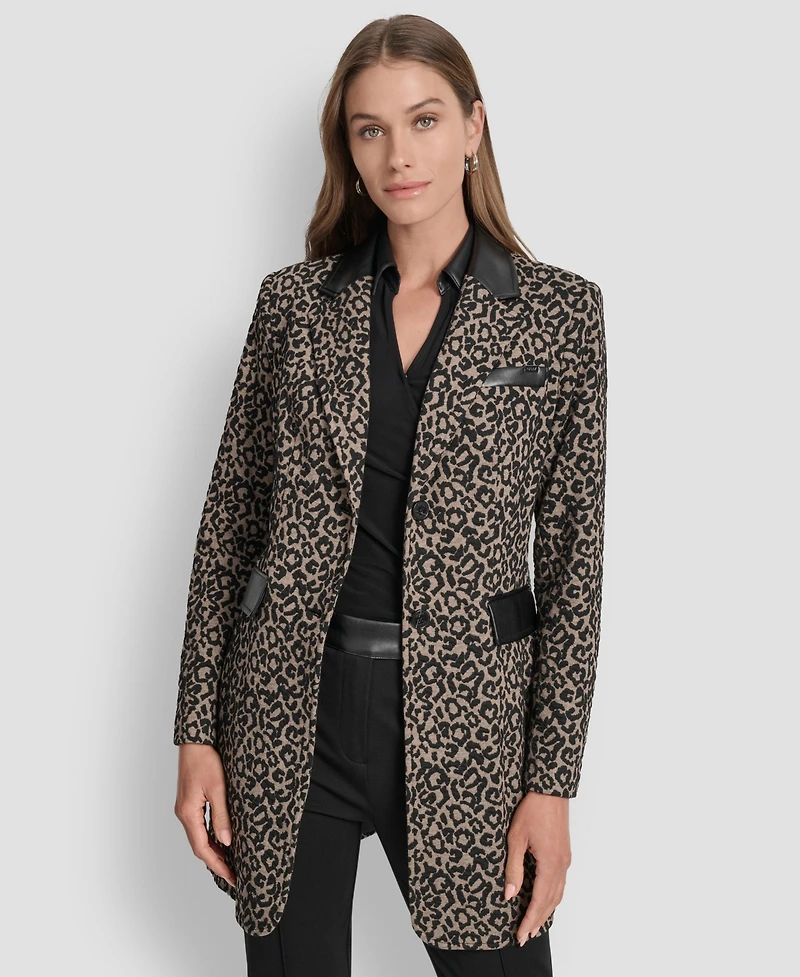 Dkny Women's Faux-Leather-Trim Leopard-Print Jacket