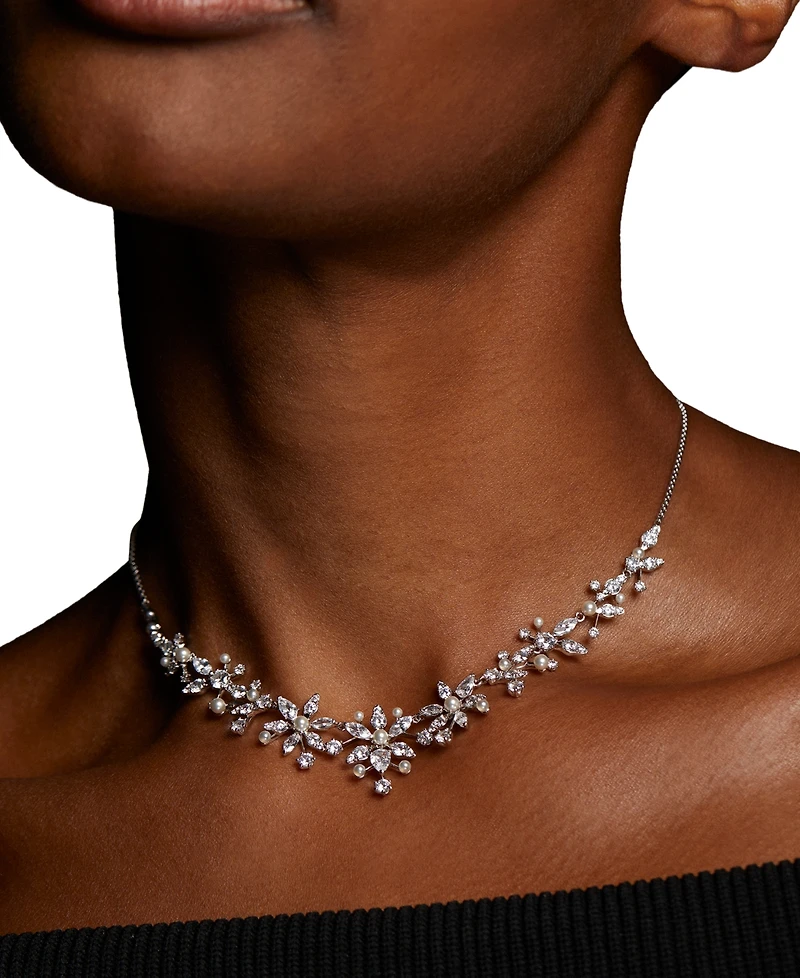 Eliot Danori Cubic Zirconia & Imitation Pearl Flower Statement Necklace, 15" + 3" extender, Exclusively at Macy's